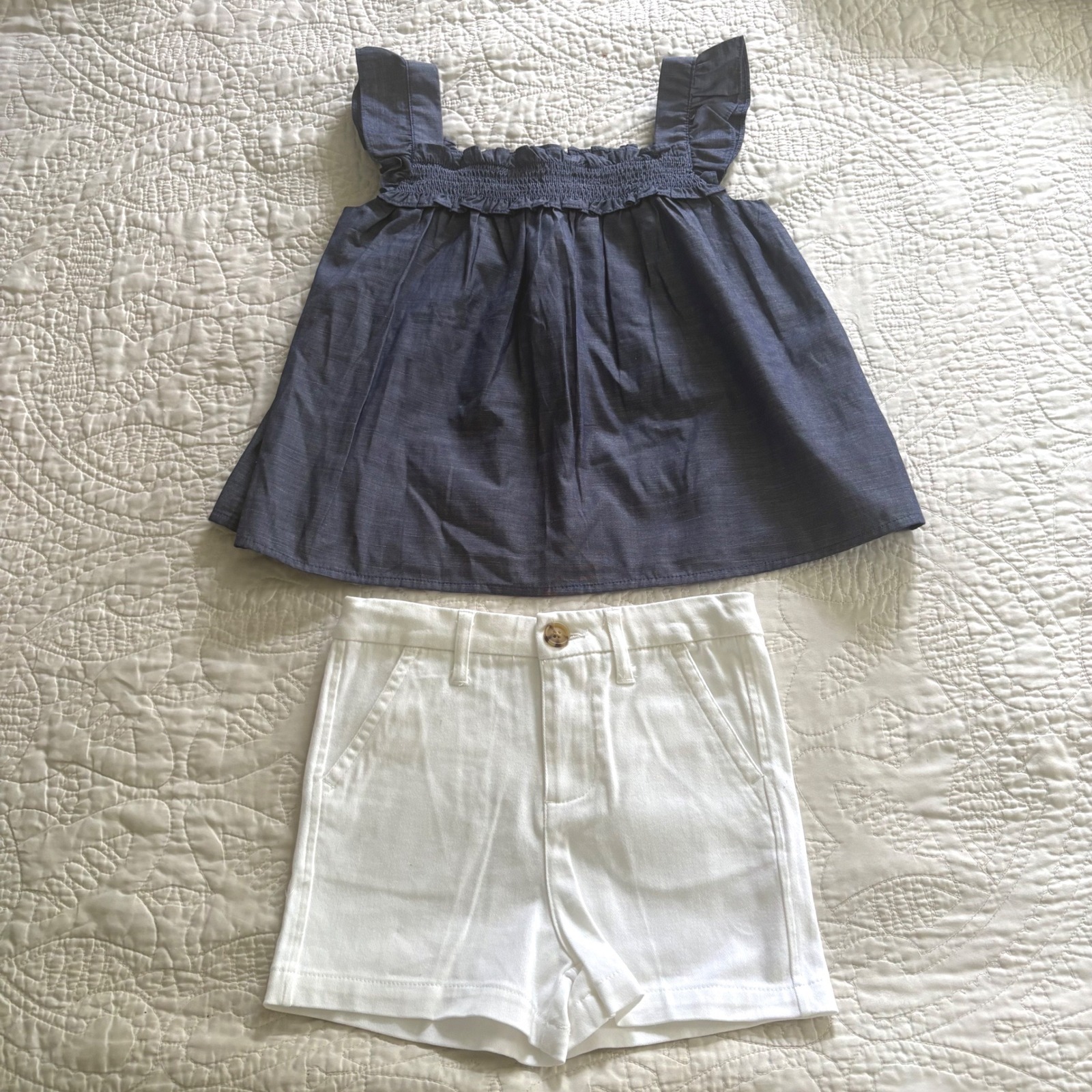 Janie And Jack Chambray Ruffle Top & Copper Key White Denim Shorts Size 6 Nwt